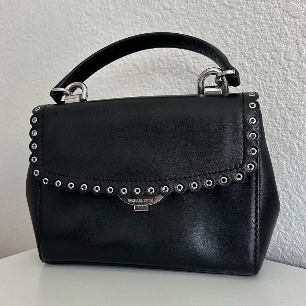 Michael Kors Black Eyelet scalloped crossbody mini leather top handle